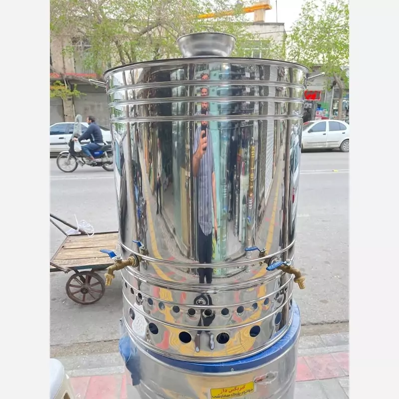 سماور گازی هییتی هیئتی استیل  مجلسی 150 لیتری دو شیر موکب اداری مسجد هایپرمارکت صدرا استیل کار (پس کرایه)