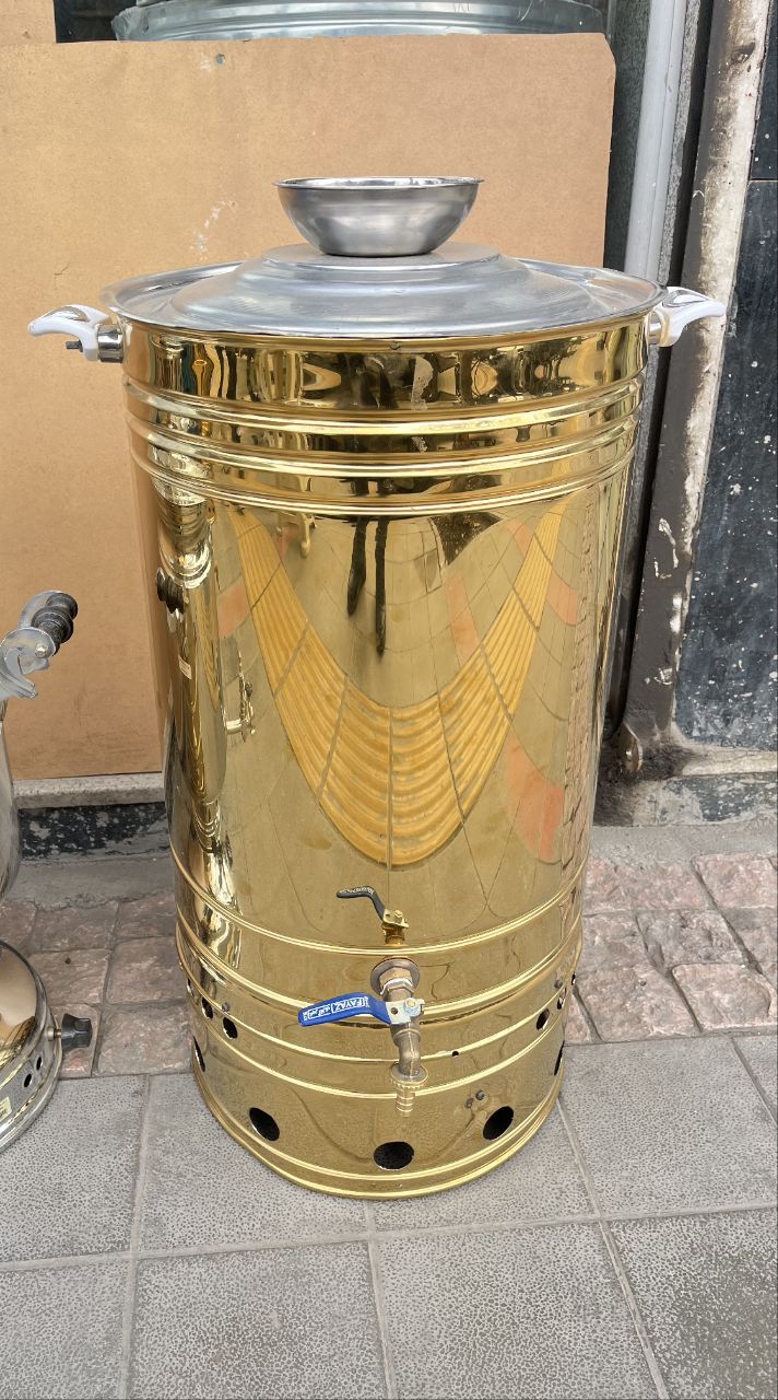 سماور گازی 50 لیتری طلایی ضخیم استیل هییتی مجلسی بزرگ صنعتی صدرا استیل کار